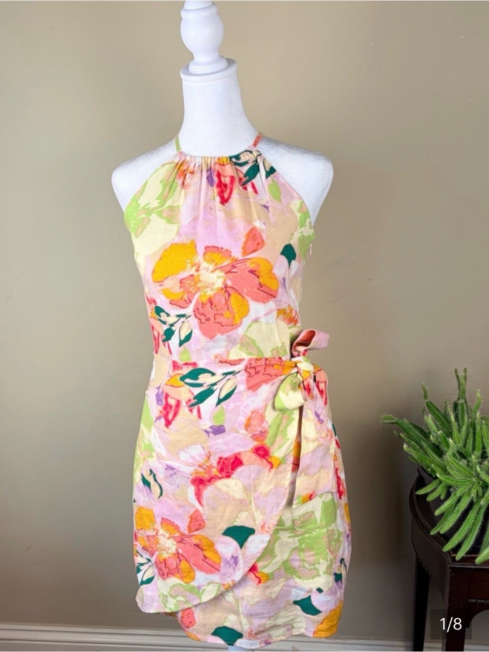 Bar lll Floral Halter Tie-Waist Summer Linen Dress - Pink Multi Size Small